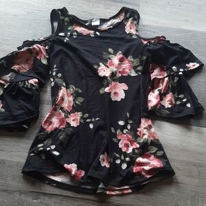 Floral Cold Shoulder Top - Black and Pink